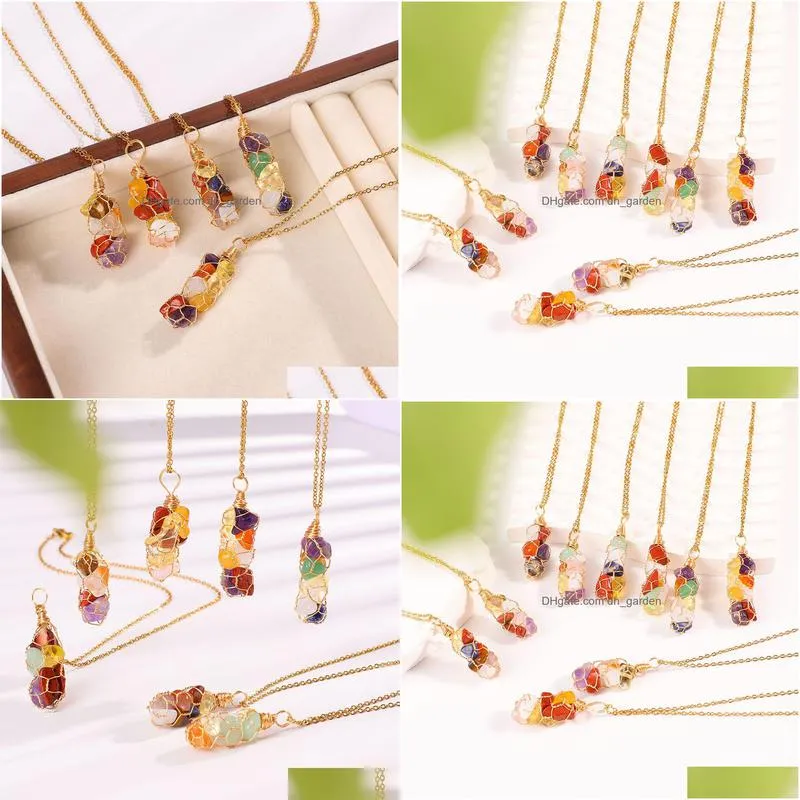 natural irregular chakra agates chip stone beads pendant gold winding net seven colored stones necklace for women men