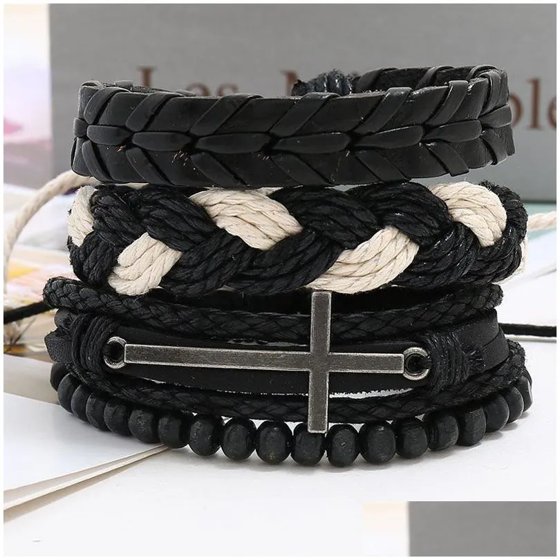 leather rope handmade braided multilayer cross charm bracelets set for men women punk adjustable bangle fashion jewelry