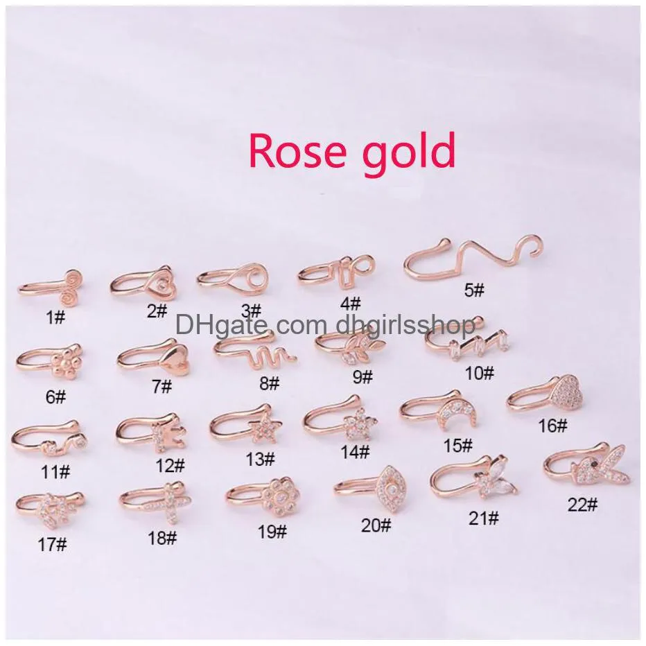 gold fake piercing clip nose ring cuff body jewelry for women new trend ear cuffs heart cross flowers clip nose rings 22 styles