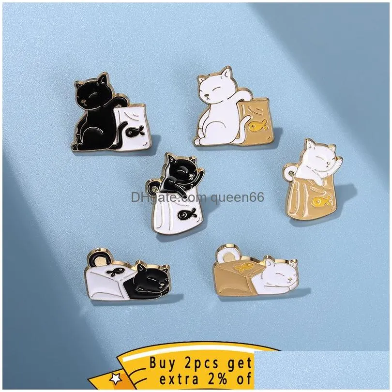 black white cat enamel pin cartoon fish brooch badge jewelry accessories backpack sweater lapel jewelry wholesale gifts friends