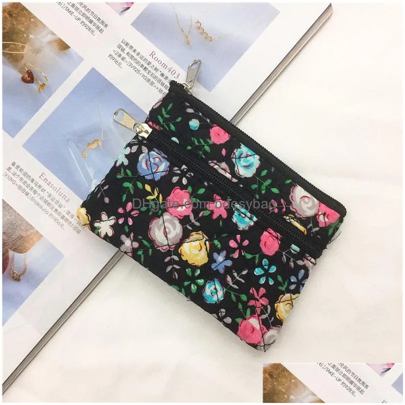 floral coin bag mini linen cloth wallet coins bag double zipper pouch floral coin purse key card holder bag