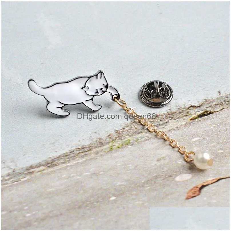 cat enamel pins with pearl tassel brooches badges funny animals jewelry for girl kids friends gift