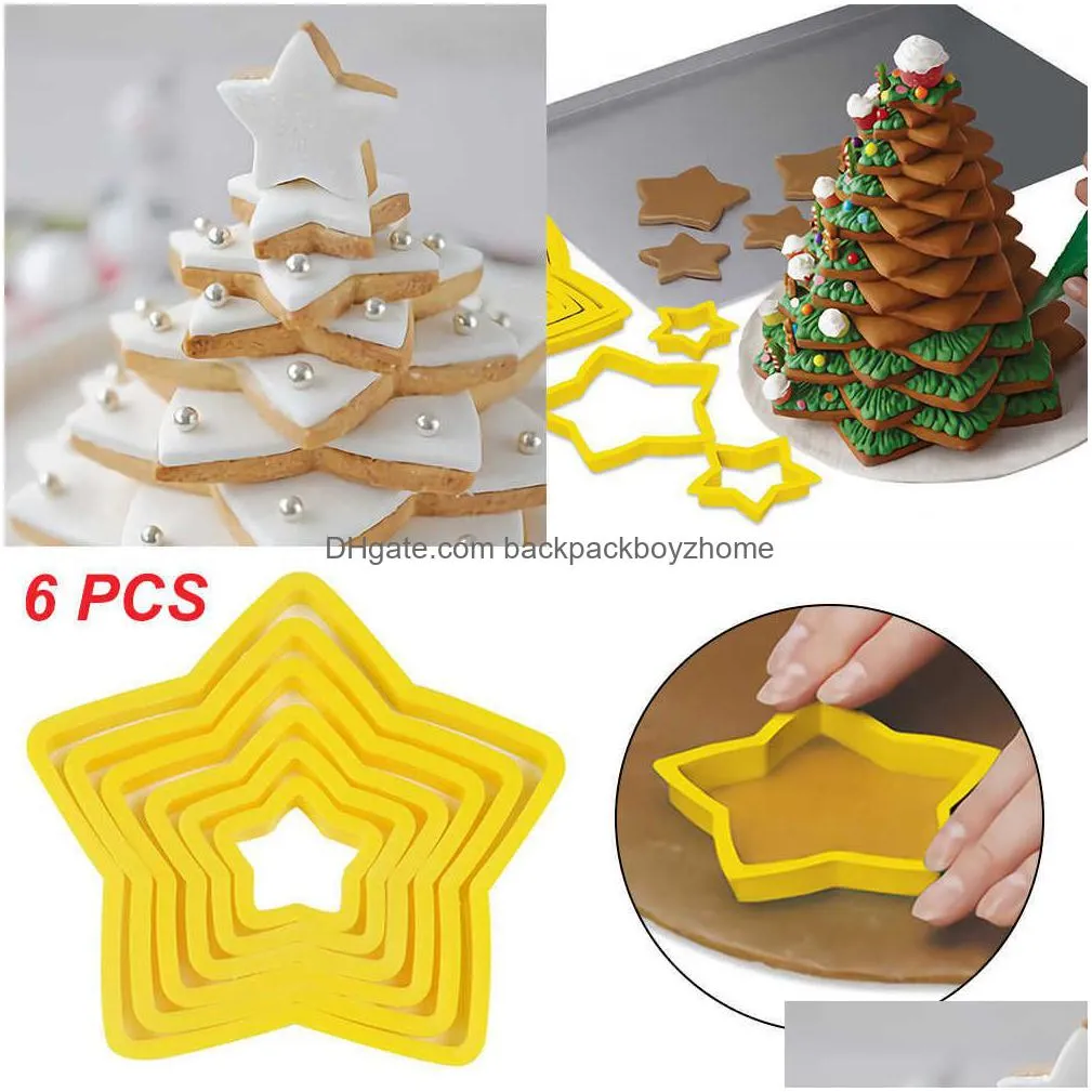 new 6pcs/ set christmas tree cookie cutter mold xmas plastic diy 3d new year biscuits gingerbread mould maker stamp baking tool 2022