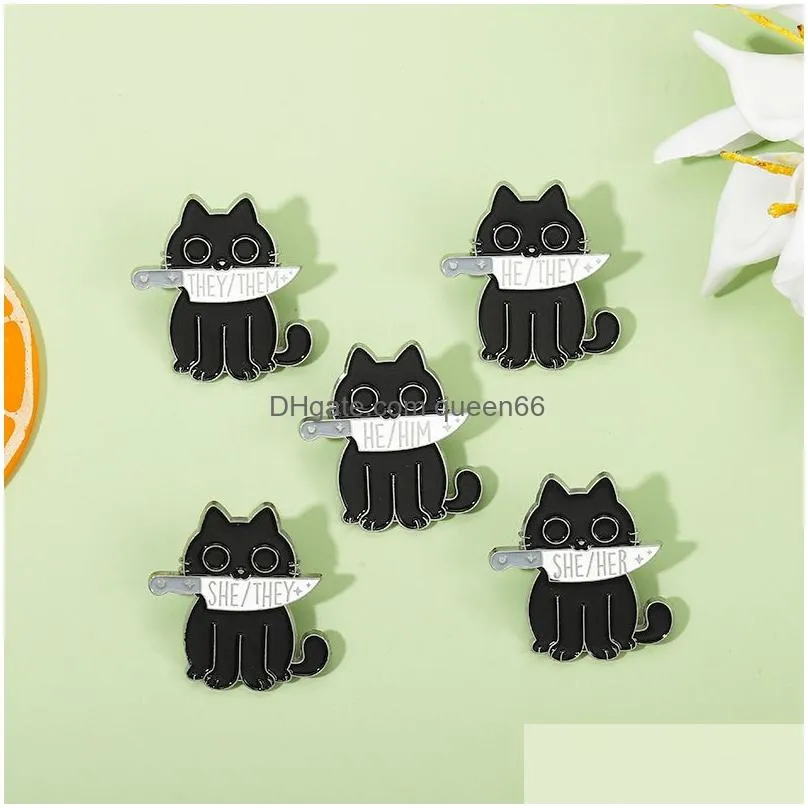 black cat pronouns enamel pin punk brooch he she they knife animals badge witch lapel pin kitten goth jewelry gift friends