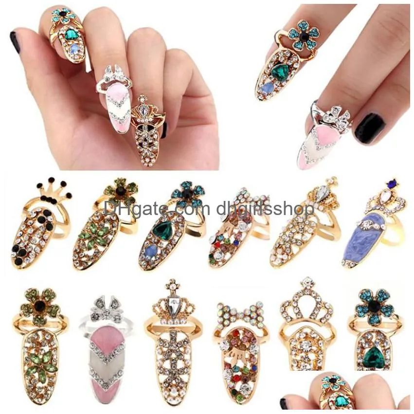 new fashion crystal finger rings rhinestone flower crown finger nail rings cute bowknot nail art finger ring for girls beauty jewelry