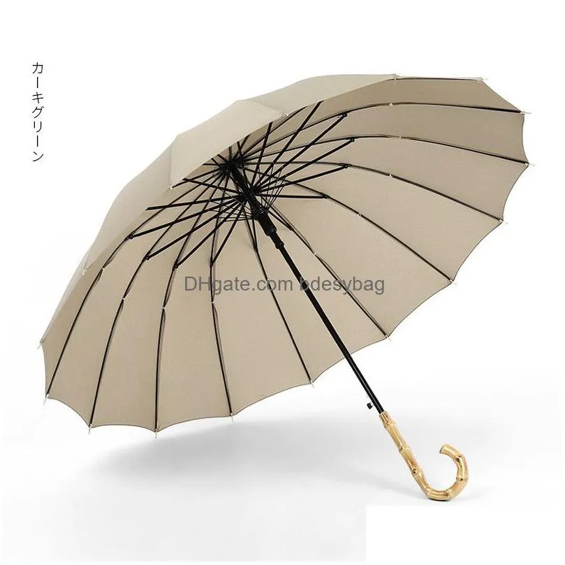 16 ribs straight umbrella windproof solid color long handle umbrellas women men bamboo handles pongee umbrella