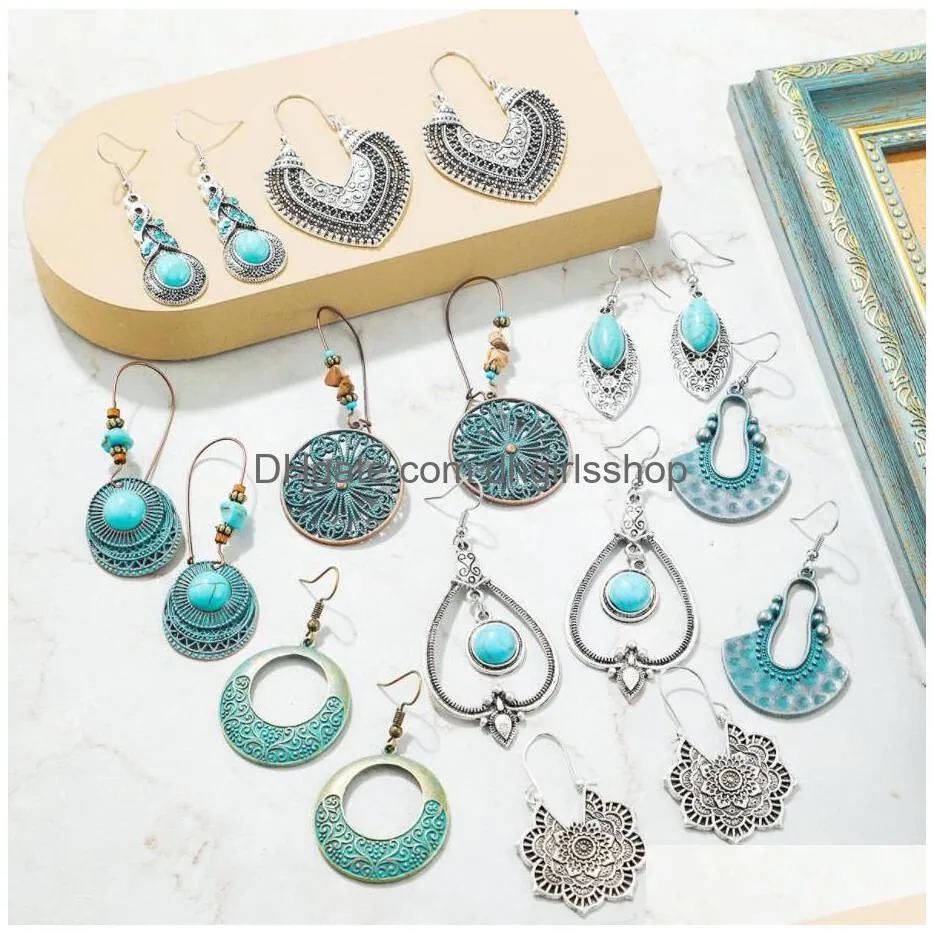 bohemian dangle drop earrings charm for women vintage turquoise tassel earrings ethnic retro pendant ear hook beach party jewelry gift