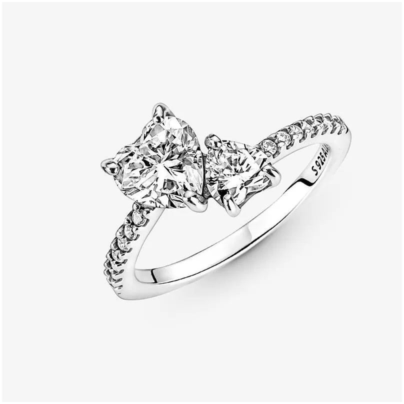  arrival double heart sparkling ring solid 925 silver women girlfriend gift jewelry for pandora lover cz diamond rings with original box