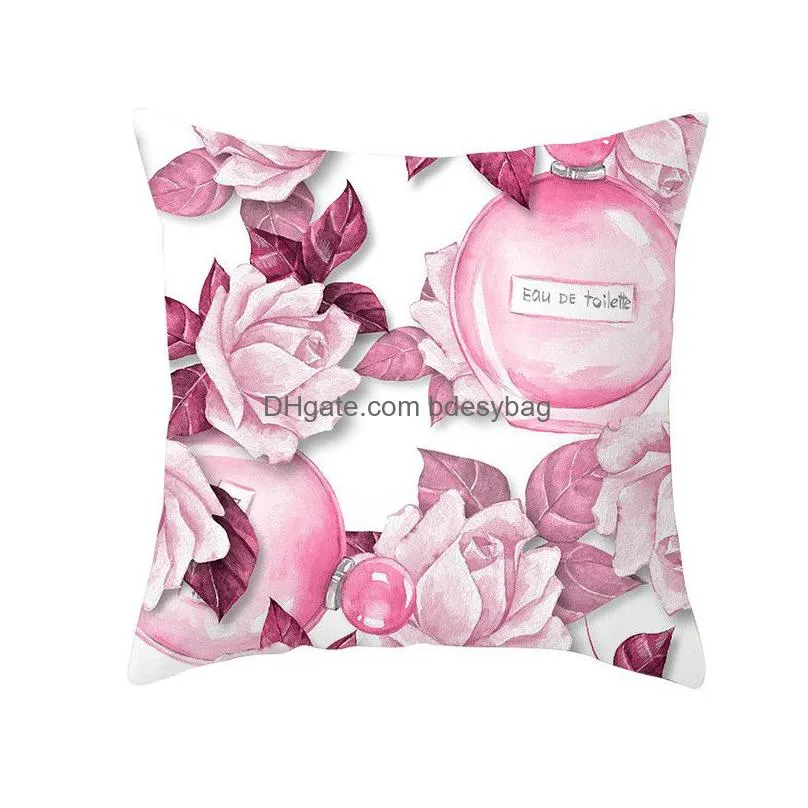 perfume bottle printed pillow case 45x45cm flowers perfume bottles soft peach skin sofa pillow case valentine day pillowcase