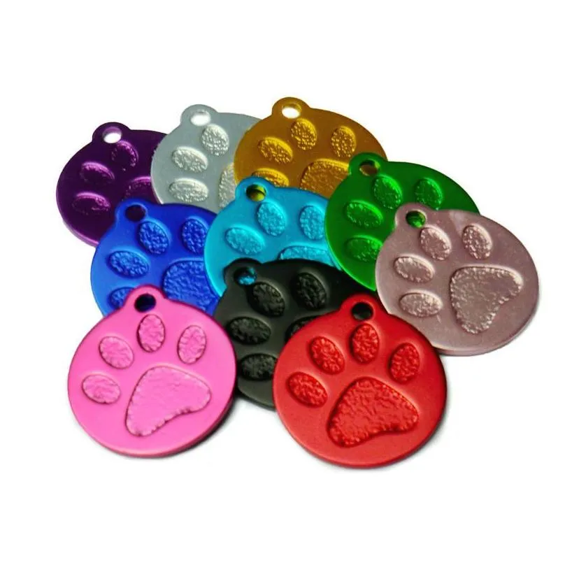 wholesale 20pcs round paw aluminium alloy pet dog necklace id tag for dog pets collar ring personalized custom cute engraved y200917