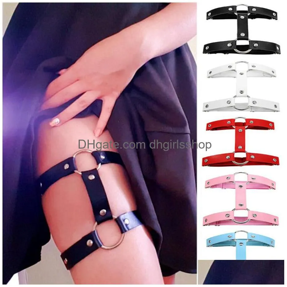 punk goth pu leather elastic garter belt leg thigh ring suspender stockings belt leg chain harness heart body jewelry