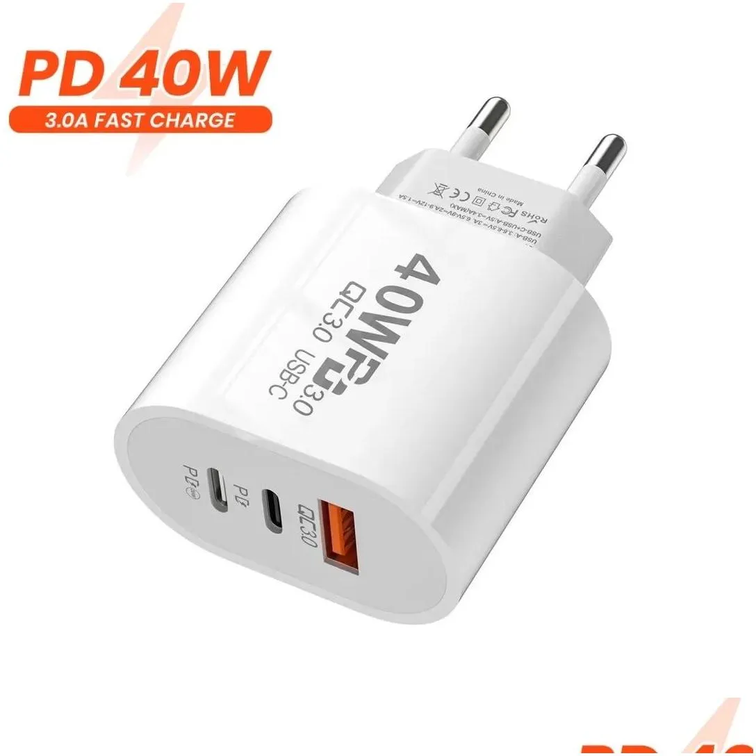 40w 3a dual pd usb c wall  3ports qc3.0 type c fast charging chargers power adapter us eu uk plugs for samsung s20 s22 utral nokia xiaomi