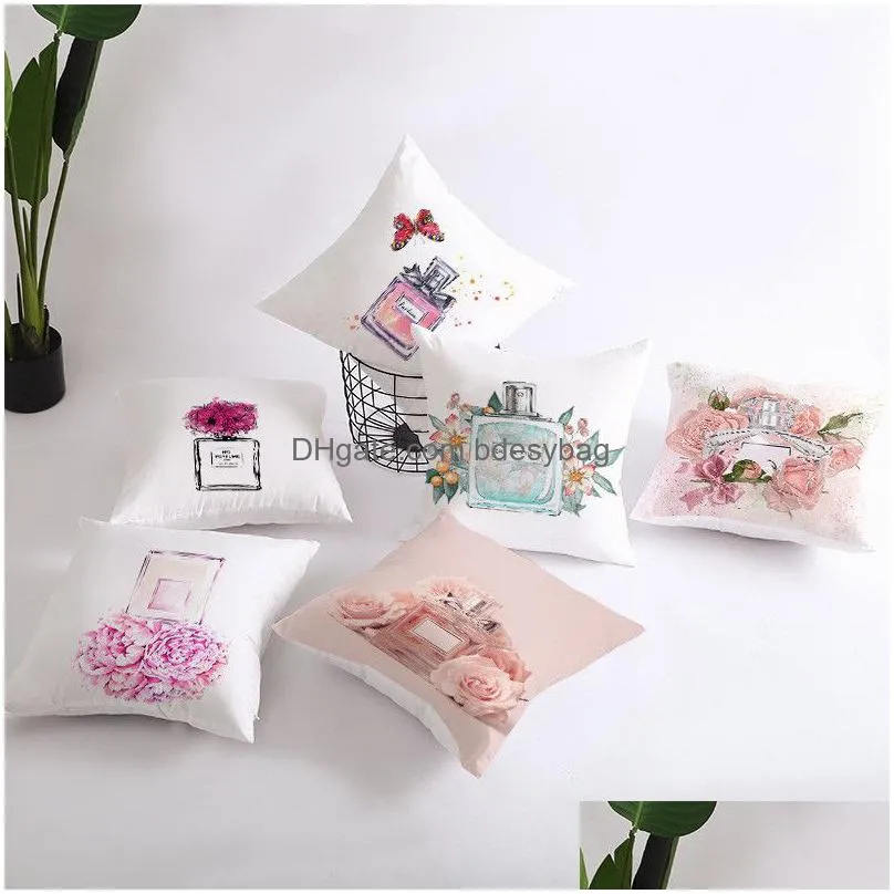 flowers perfume bottles pillowcase girl high heel printed throw pillow cover 45x45cm valentine day pillowcase home decor