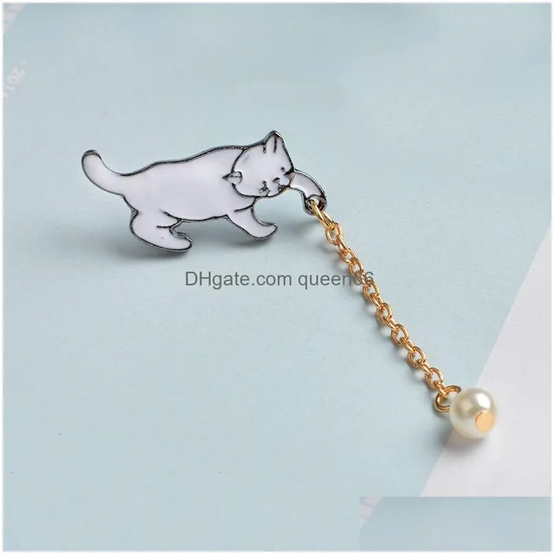 cat enamel pins with pearl tassel brooches badges funny animals jewelry for girl kids friends gift