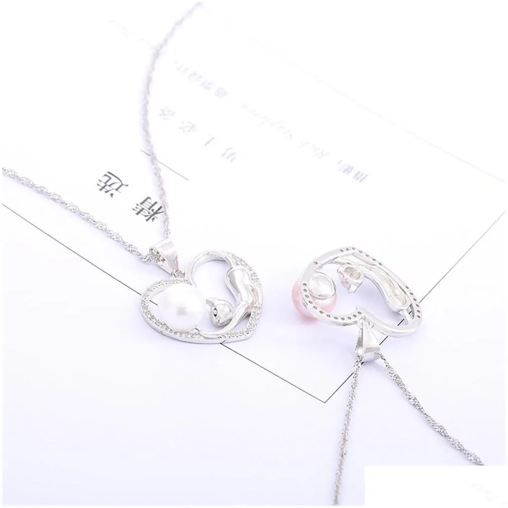 cute cat heart real s925 sterling silver womens wedding pendant necklace settings mounting semi mount diy pearls jewelry for women