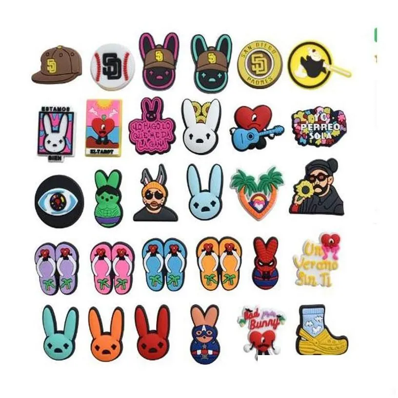 Shoe Parts Accessories Bad Bunny clog Charms Pins Grow In Dark For Backpack Sandal Shoes Decal Drop Delivery Dhhtr