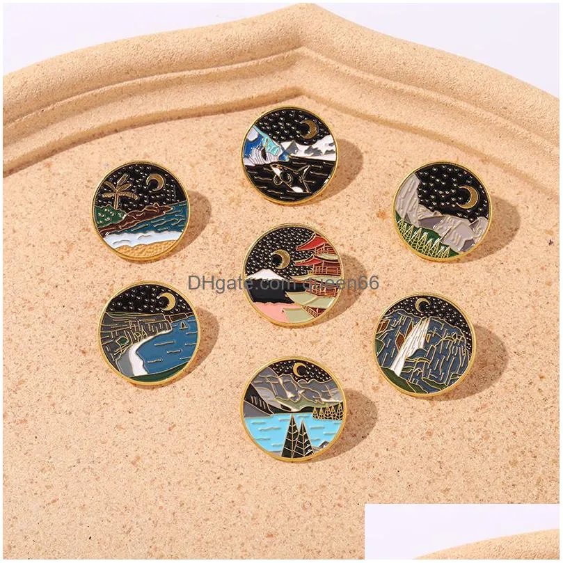starry night moon enamel brooches outdoors mountain river landscape pins bades for denim clothes bag jewelry christmas new year gift kids