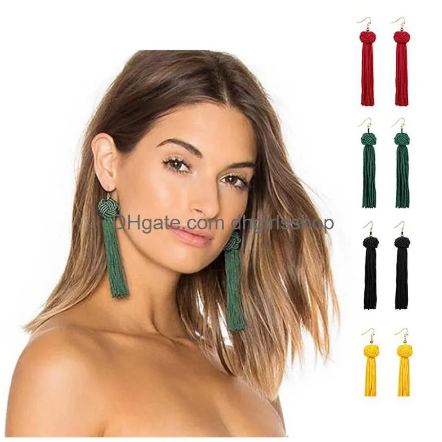 european new fashion earrings bohemian hand-woven ball long tassel earrings for women jewelry black red yellow green white 5 colors