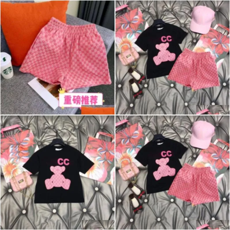 luxury designer clothing sets kids t-shirt pink monogrammed shortst fashion british fashion brand summer childrens treasures and girls cotton two-piece