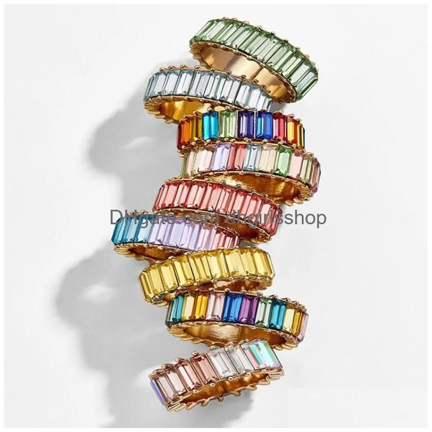 new gold filled fully-jewelled rainbow colorful multi colorcubic zirconia eternity square baguette finger ring 12 colors shipping