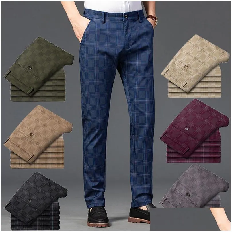 fashion streetwear men clothing 7 color mens straight slim casual pants trousers trend black plaid pants men