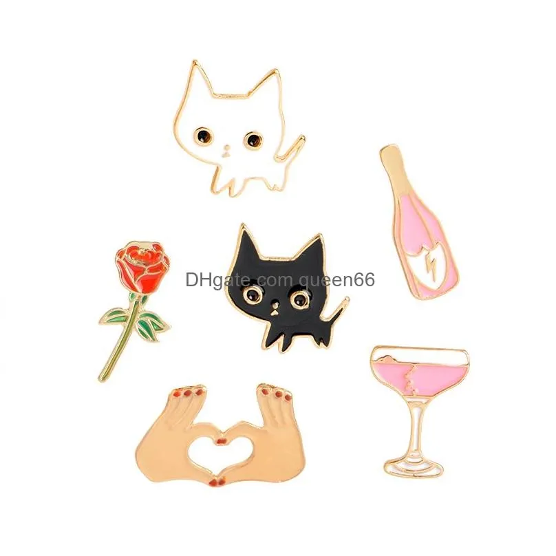 lapel pin brooches badge champagne coupe saucer rose flower love heart white black cat shaped women jewelry clothing accessories