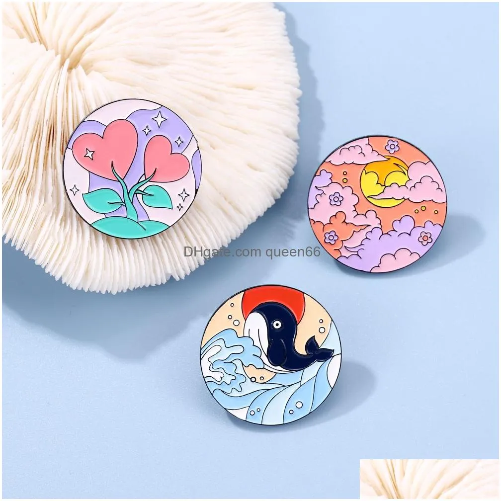 scenery brooch enamel pin sunset rainbow seaside whale natural badge metal lapel pin backpack accessories gift friends jewelry