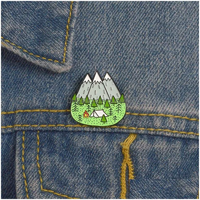 camping enamel pins outdoors tent tree mountain forest brooches lapel badges jewelry for men women children