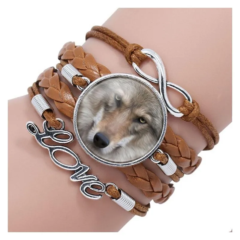  wolf and full moon leather braided wrap bracelet for women men glass love infinity cabochon charm bangle fashion diy jewelry