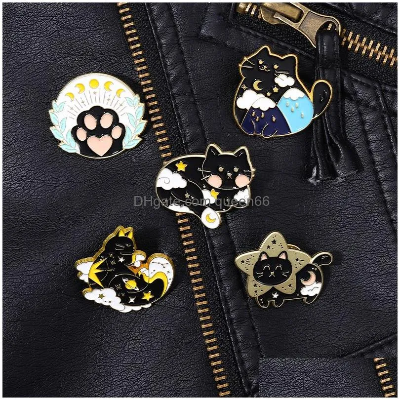 cartoon cat enamel pin animal brooch star moon black kitten paw cloud badge lapel pin backpack women kids jewelry gift wholesale
