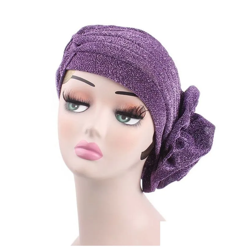 party hats women elastic glitter big flower turban beanie ladies hair protection hats 12 colors