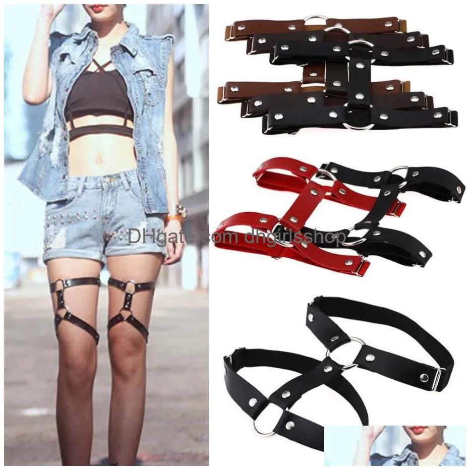 punk goth pu leather elastic garter belt leg thigh ring suspender stockings belt leg chain harness heart body jewelry