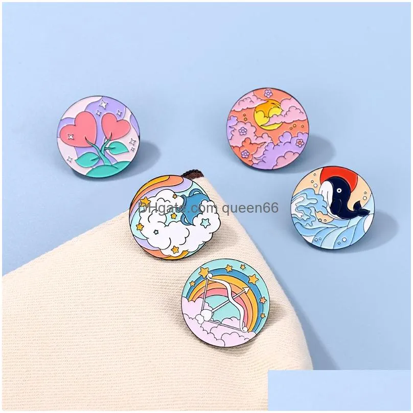 scenery brooch enamel pin sunset rainbow seaside whale natural badge metal lapel pin backpack accessories gift friends jewelry