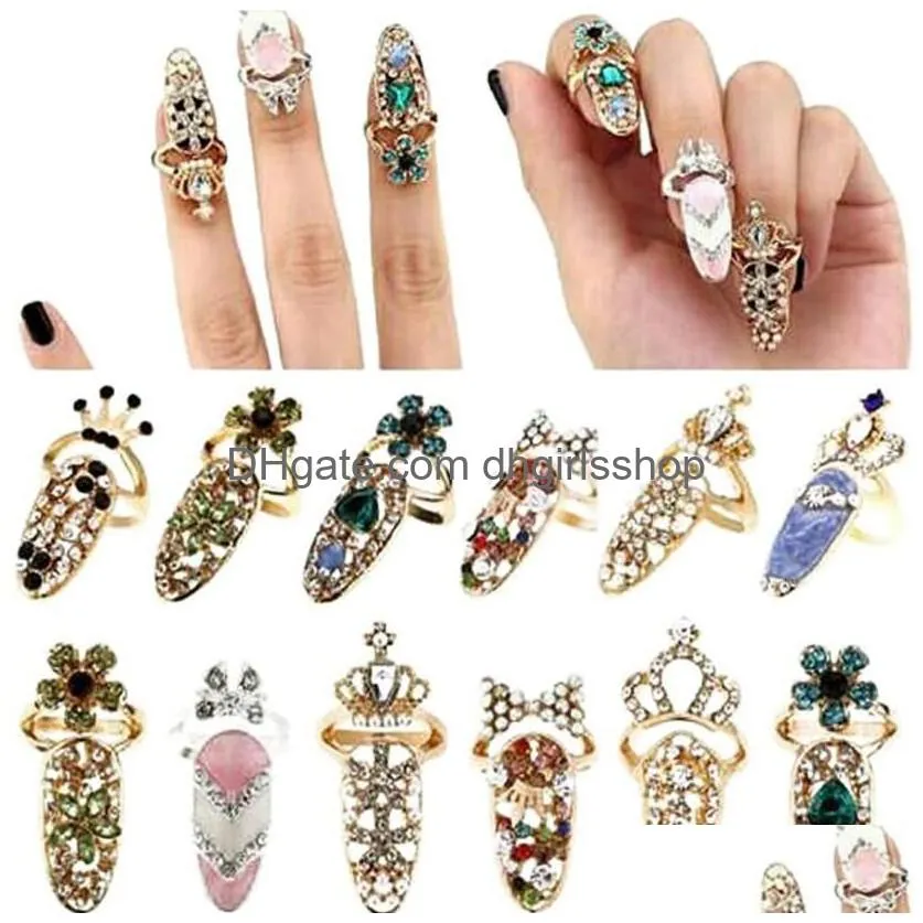 new fashion crystal finger rings rhinestone flower crown finger nail rings cute bowknot nail art finger ring for girls beauty jewelry