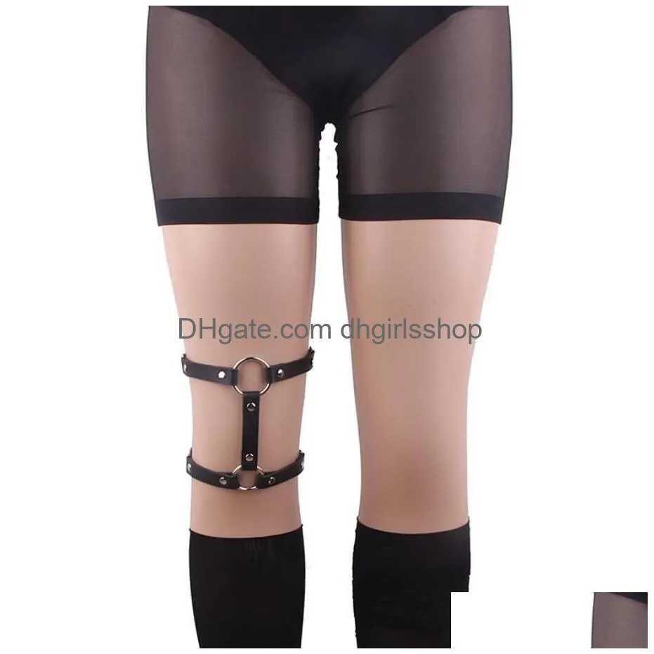 punk goth pu leather elastic garter belt leg thigh ring suspender stockings belt leg chain harness heart body jewelry