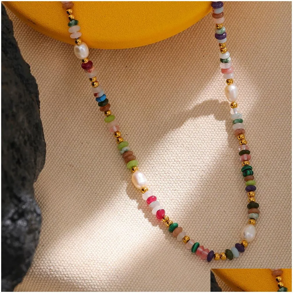 jewelry beaded necklaces y2k natural pearl stone colorful handmade boho necklace women stainless steel aesthetic gold color fashion jewelry