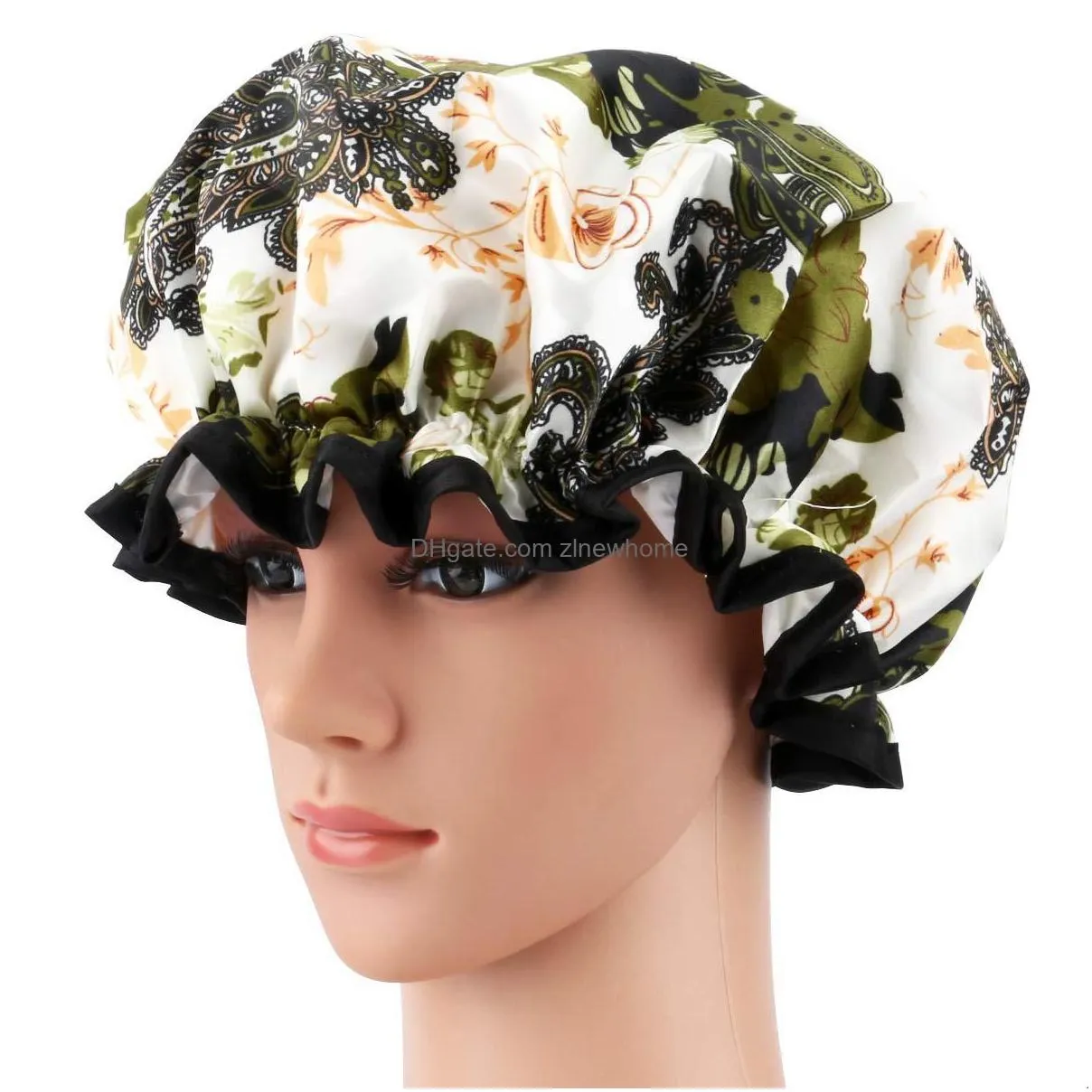 fashion shower cap waterproof bath hat double layer women supplies printing hair cover bathroom accessories shampoo -proof caps