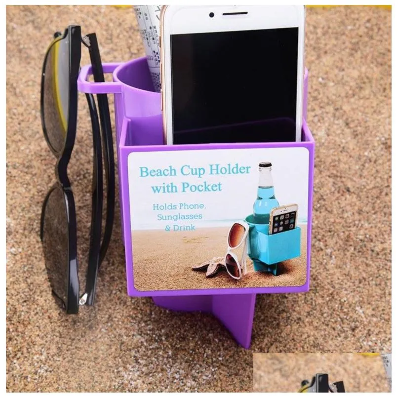 20oz beach cup holder with pocket 9 colors plastic cup holder outdoor camping multifuntional seaside b0056