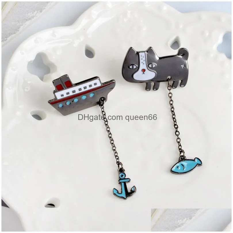 lovely animal cat fish boat anchor tassel chain brooch pin women men chioldren bag clothing jacket school uniform decor accessories