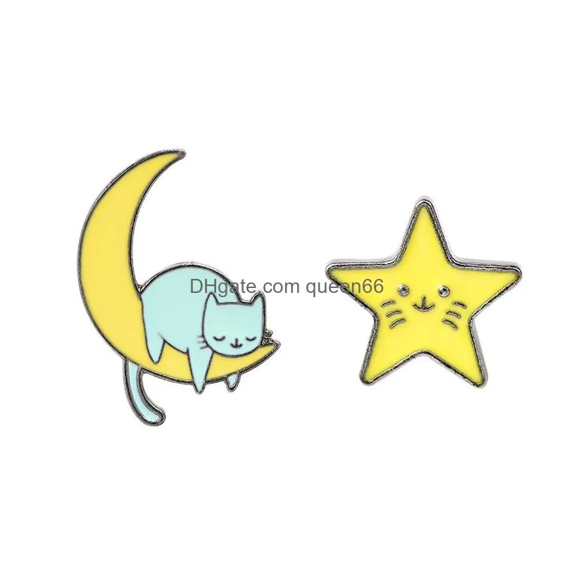 cute sleeping cat pins brooche moon star enamel lapel badges fashion gift for friends wholesale