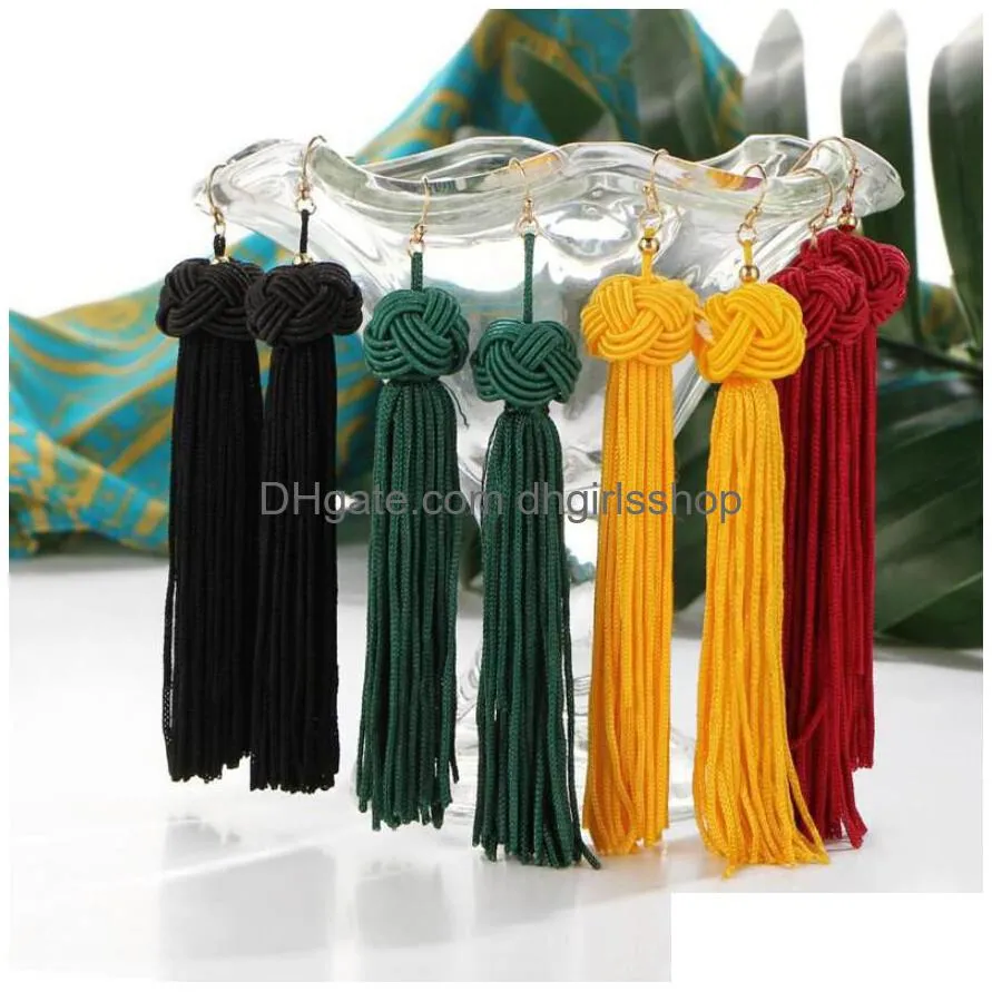 european new fashion earrings bohemian hand-woven ball long tassel earrings for women jewelry black red yellow green white 5 colors