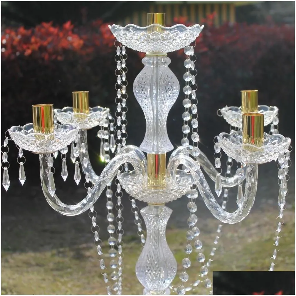 5 pcs / lot 90 cm height acrylic 5-arms metal candelabras with crystal pendants wedding candle holder centerpiece party decor