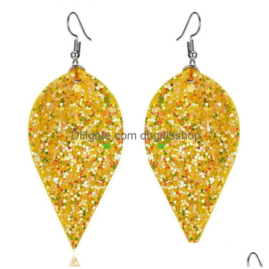 simple fashion lady boho ear hook ear stud teardrop leaf sequin earrings dangle earrings women 1 pair handmade leather jewelry gift