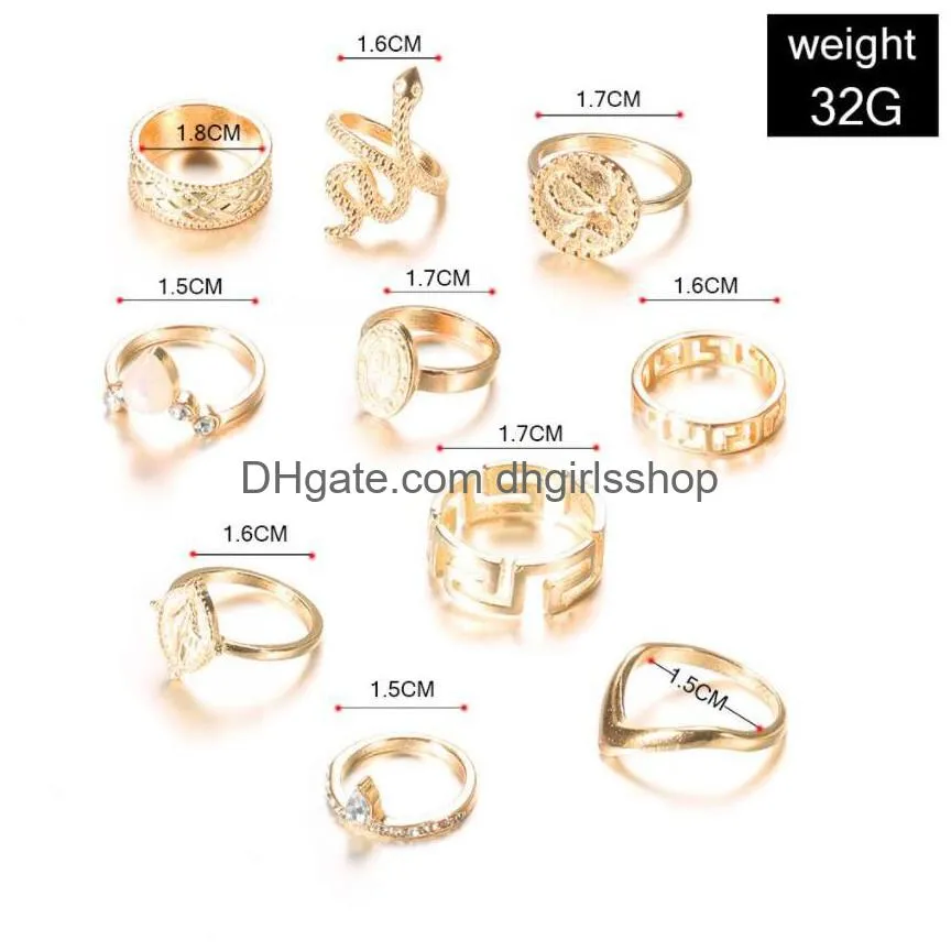 10 pc/set charm gold color snake crystal midi finger ring set for women vintage boho knuckle party rings punk jewelry