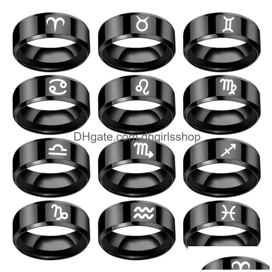 12 constellations rings for wome man virgo cancer capricorn sagittarius leo pisces libra scorpio stainless steel black couple ring