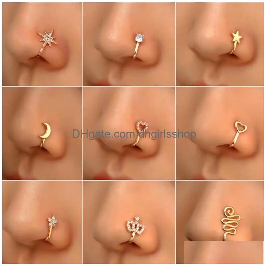 gold fake piercing clip nose ring cuff body jewelry for women new trend ear cuffs heart cross flowers clip nose rings 22 styles