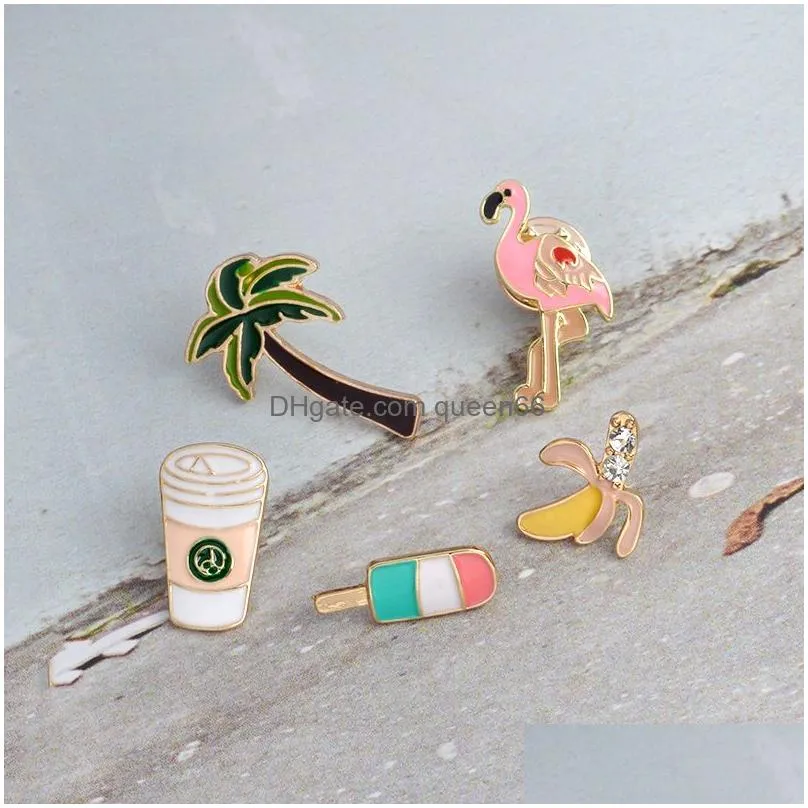 flamingo palm tree banana ice cream coffee pins brooch sets badge women fashion cute pin jewelry wholesale