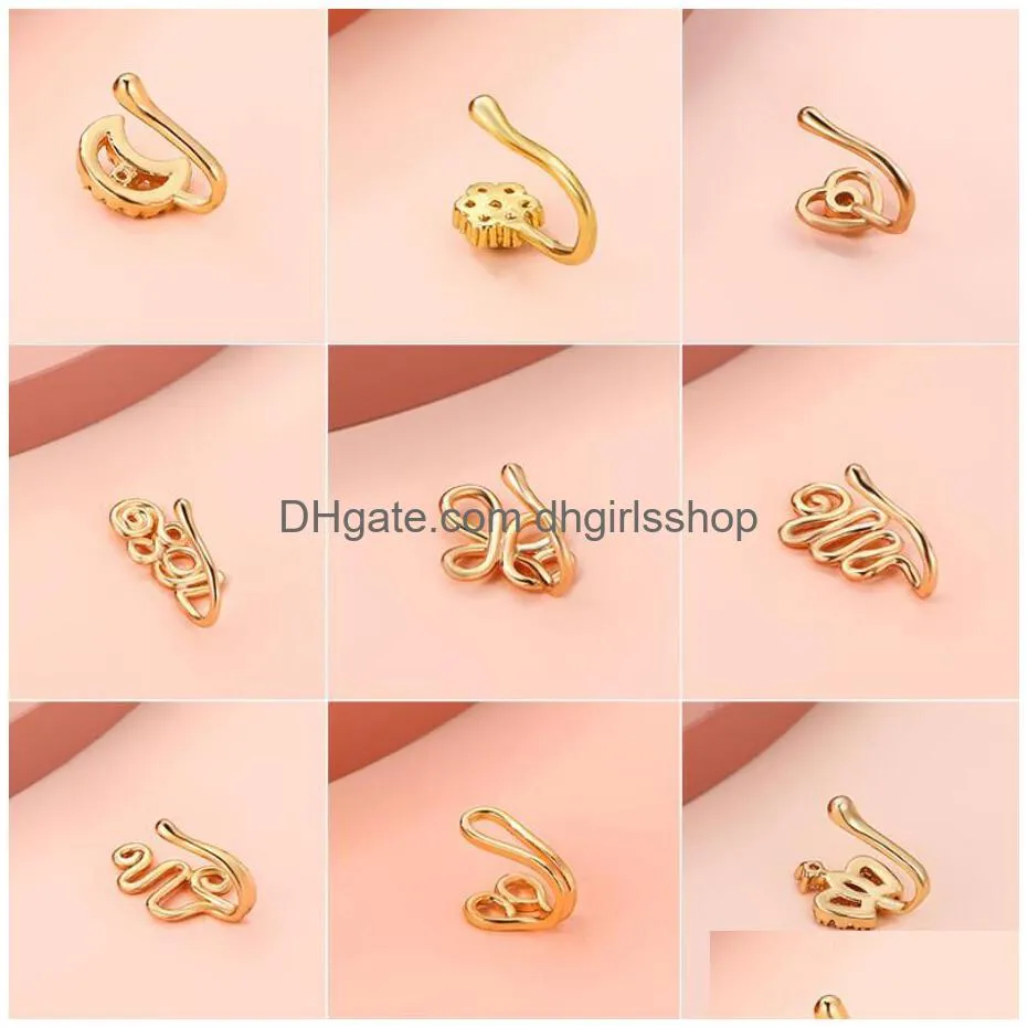 gold fake piercing clip nose ring cuff body jewelry for women new trend ear cuffs heart cross flowers clip nose rings 22 styles