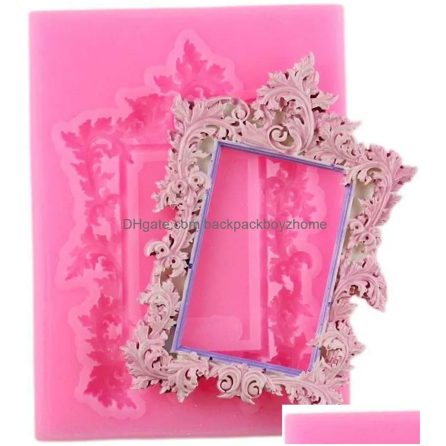 new fondant mold lace scroll photo frame silicone candy cake border decoration chocolate baroque style makeup mirror resin mold