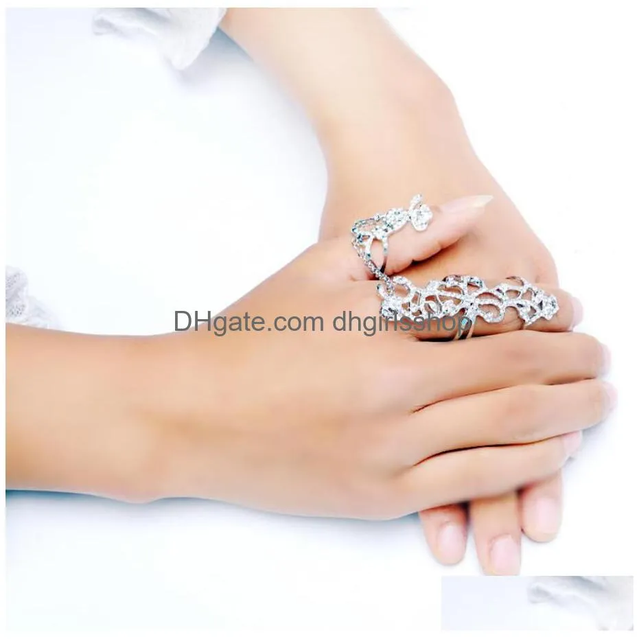 rhinestone siamese ring women gold silver chic alloy shiny flower floral ring celebrity party connect full 2 finger rings 